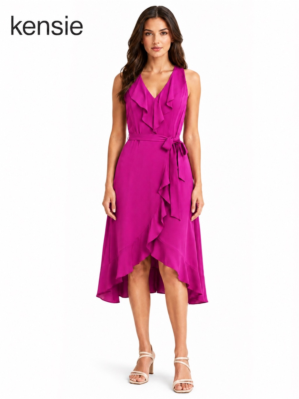NWT Kensie Vibrant Fuchsia Crepe Faux Wrap Midi Dress Size 2